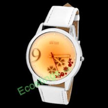 Leather Watchband Golden Dial Round Ladies' Wrist Quartz Watch