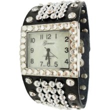 Limited Edition Genuine Black Leather Watch w/ Ball Bearing Mesh & Crystals