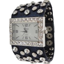 Limited Edition Genuine Navy Blue Leather Cutout Watch w/ Stone & Silver Stud - Leather - Silver - 3