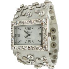 Limited Edition Genuine White Leather Cutout Watch w/ Stone & Silver Stud - Leather - Silver - 3