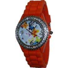 Limited Edition Ladies Multi Colored Butterfly Silicon Watch with Orange Band