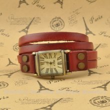 Long Leather Band Rectangle Face Lady Woman Girl Quartz Wrist Watch