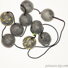 Long necklace - Felted beads - Grey with yellow and green accents