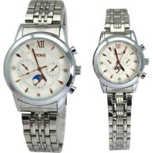 Lover's Wrist Watch With Numerals Indicate Time White Quartz Dial Steel Band