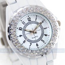 Luxury Metal Crystal White Analog Elegant Office Lady Women Quartz Wrist Watch