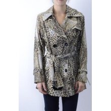 M Outerwear By Lisa Women's Leopard Print Stretch Trench Coat Belted Waist