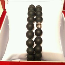 Men Or Womens Black Onyx Matte Bead Bracelets Silver Plated Skulls. Box, Pouch