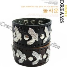 Men Women Unisex Charm Silver Bird Rivet Genuine Leather Bracelet Wristband 200