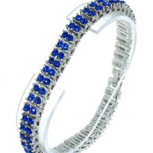 Men's 2 Row Iced Out Silver With Blue Cz Hip Hop Bling Bracelet