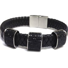 Men's Black Leather Bracelet with Crystals