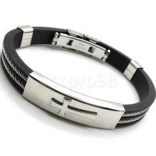 Mens Black Rubber Cross Silver Stainless Steel Bracelet