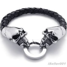 Mens Black Silver Skull Leather Stainless Steel Bracelet Bangle Eu21042