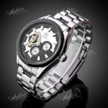 Men's Black White Mechanical Automatic Stainless Steel Band Wrist Watch With Box