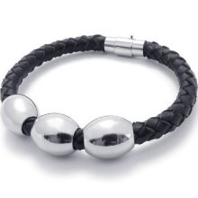 Mens Charm Leather Bracelet With Stainless Steel Lucky Beads Bangle Black