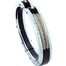 Mens Design Black Silver Cz Rope Stainless Steel Bangle Handcuff Heavy Bracelet