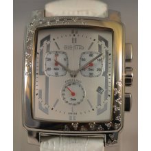 Mens Giantto Chronograph Diamond Bezel White Leather Watch