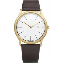 Men's Gold Tone Stainless Steel Quartz Silver Tone Dial Leather Strap