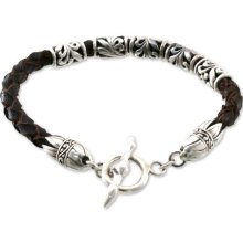 Men's Leather Bracelet Black With Sterling Silver 925 'glory' Novica Bali