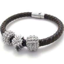 Mens Leather Bracelet With Charm Casting Stainless Steel Beads Bangle Coffee