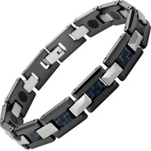 Mens Polished Black Tungsten & Ceramic Magnetic Bracelet With Blue Carbon Fibr