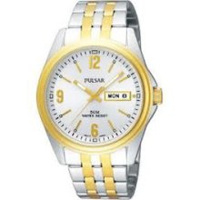 Men's Pulsar By Seiko Pv3002 Two Tone Gold Stainless Steel Date Watch