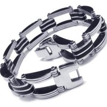 Mens Silver Black Stainless Steel Bracelet Charm Bangle