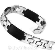 Mens Silver Stainless Steel Black Rubber Solid Bracelet Link Chain Vc749