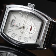 Mens Silver Steel Case Square 2 Dials Mechanical Date Automatic Watch Leather Hq