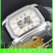 Men's Skeleton White Dial Automatic Black Leather Strap Watch Unisex