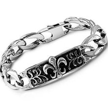 Mens Stainless Steel Fleur De Liz High Polished Curb Link Bracelet, Personalize it.