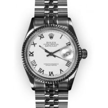 Men's Stainless Steel White Roman Dial Fluted Bezel Rolex Datejust