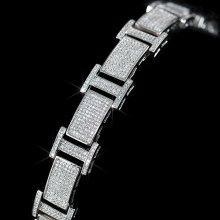 Mens White Gold Finish Lab Diamond Iced Hip Hop Link Micro Pave Bracelet 19mm - Glass - White