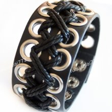 Men's Women's Black Leather Line Hand Woven Cuff Bangle Bracelet