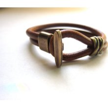 Men's Women's Whiskey Brown Leather Bracelet with T Bar Brass Clasp Men's Gift, For Him Manly Men's Jewelry Unisex