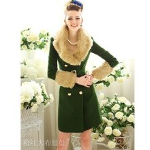 Military Classic Double Breasted Belted Detachable Fur Collar Wool Coat -s-xl