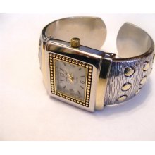 Narmi Silver With Gold Accented Mop Face Cuff Bangle Quartz Movementwatch