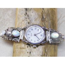 Native American Ladies Domed Watchband Tips Sterling Silver White Opal Sy