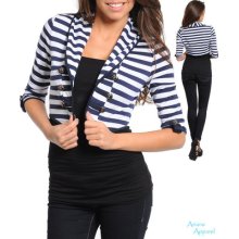 Navy Blue & White Striped Cropped Blazer W/ Cute Anchor Buttons