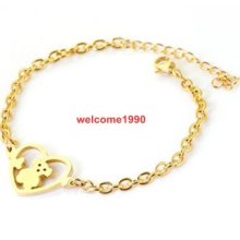 Nes106 Sweet Girls Gold Tone Stainless Steel 4.8mm Heart Bear Chain Bracelet