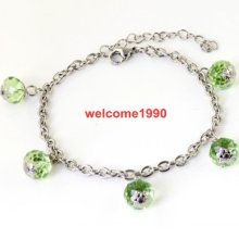 Nss101 Sweet Girls Jewelry Stainless Steel Green Crystal Charm Bracelet Gifts