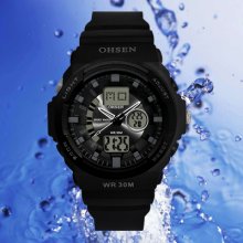 Ohsen Mens Waterproof Digital Quartz Lcd Alarm Date Military Sport Rubber Watch