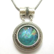 One Of A Kind Roman Glass 925 Sterling Silver Filigree Pendant Necklace