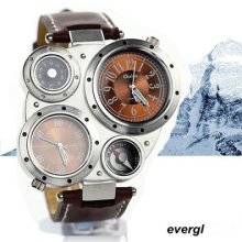 Oulm 2 Times Zone Rare Mens Military Army Sports Quartz Wristwatch Needle Coffe