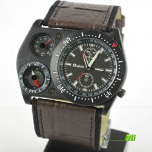 Oulm Fashion Hot 3 Dials Pilot Army Men Sport Brown Leather Wrist Quartz Watch