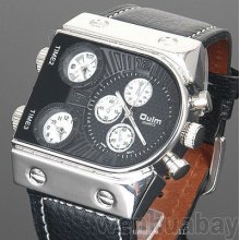 Oulm Military Army Three Time Zones Movements Quartz Watch Leather Sports Mens