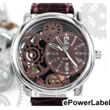 P641 Fashion Quality Women / Lady Transparent Wheel Watch Brown Faux Leather