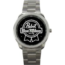 Pabst Blue Ribbon Beer Sport Metal Watch New! - Silver - Stainless Steel