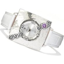 Passage to Israel Sterling Silver Amethyst Accented Leather Strap Watch