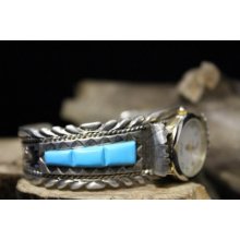 Pawn Sterling Silver Corn Row Inlay Watch Bracelet W/stunning Turquoise Stone