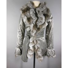 Pellessimo Champagne Matt Metallic Jacket Trimmed In Fur W/ Hood Size Medium